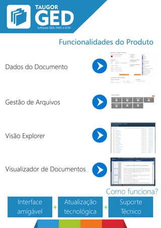 Funcionalidades do Produto
Como funciona?
Dados do Documento
Gestão de Arquivos
Visão Explorer
Visualizador de Documentos
Interface
amigável
Atualização
tecnológica
Suporte
Técnico
+ +
 