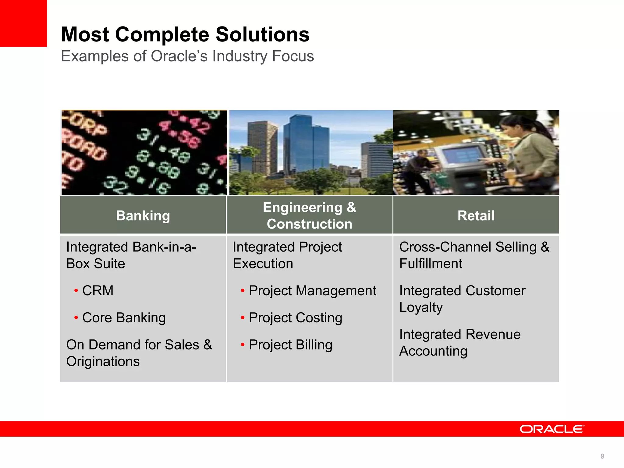 9
Most Complete Solutions
Examples of Oracle‟s Industry Focus
Banking
Engineering &
Construction
Retail
Integrated Bank-in-a-
Box Suite
• CRM
• Core Banking
On Demand for Sales &
Originations
Integrated Project
Execution
• Project Management
• Project Costing
• Project Billing
Cross-Channel Selling &
Fulfillment
Integrated Customer
Loyalty
Integrated Revenue
Accounting
 