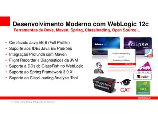 Desenvolvimento Moderno com WebLogic 12c
          Ferramentas de Devs, Maven, Spring, Classloading, Open Source…


•   Certificado Java EE 6 (Full Profile)
•   Suporte aos IDEs Java EE Padrões
•   Integração Profunda com Maven
•   Flight Recorder e Diagnósticos da JVM
•   Suporte a DDs do GlassFish no WebLogic
•   Suporte ao Spring Framework 3.0.X
•   Suporte ao ClassLoading Analysis Tool


                                                                         CAT
     11   Oracle Technical Workshop | WebLogic 12c & Fusion Middleware
 