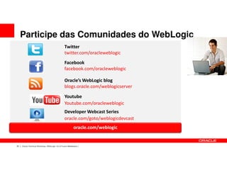 Participe das Comunidades do WebLogic
                                                   Twitter
                                                   twitter.com/oracleweblogic
                                                   Facebook
                                                   facebook.com/oracleweblogic

                                                   Oracle’s WebLogic blog
                                                   blogs.oracle.com/weblogicserver
                                                   Youtube
                                                   Youtube.com/oracleweblogic
                                                   Developer Webcast Series
                                                   oracle.com/goto/weblogicdevcast
                                                            oracle.com/weblogic


30   Oracle Technical Workshop | WebLogic 12c & Fusion Middleware
 