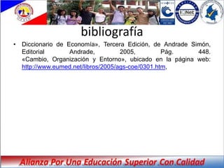 bibliografía
• Diccionario de Economía», Tercera Edición, de Andrade Simón,
  Editorial       Andrade,          2005,         Pág.    448.
  «Cambio, Organización y Entorno», ubicado en la página web:
  http://www.eumed.net/libros/2005/ags-coe/0301.htm,
 
