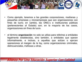 CONCEPTO DE ORGANIZACIONES


• Como ejemplo, tenemos a las grandes corporaciones, medianas y
  pequeñas empresas y microempresas que son organizaciones con
  fines de lucro; en cambio, las ONG s e instituciones públicas
  (pertenecientes al Estado) son, en la mayoría de los casos,
  organizaciones sin fines de lucro.

• el término organización no solo se utiliza para referirse a entidades
  legalmente establecidas, sino también, a entidades que operan
  informalmente, e incluso, a aquellas que actúan o ejercen
  operaciones al margen de la ley, como organizaciones criminales,
  delincuenciales, mafiosas u otras.
 
