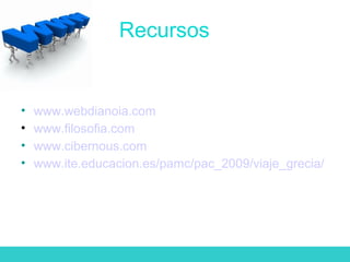 Recursos
• www.webdianoia.com
• www.filosofia.com
• www.cibernous.com
• www.ite.educacion.es/pamc/pac_2009/viaje_grecia/
 