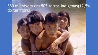 550 mil vivem em 505 terras indígenas(12,5%
do território)
 
