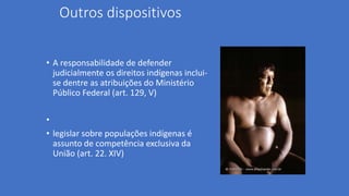 Outros dispositivos
• A responsabilidade de defender
judicialmente os direitos indígenas inclui-
se dentre as atribuições do Ministério
Público Federal (art. 129, V)
•
• legislar sobre populações indígenas é
assunto de competência exclusiva da
União (art. 22. XIV)
 