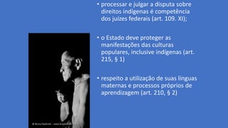 • processar e julgar a disputa sobre
direitos indígenas é competência
dos juízes federais (art. 109. XI);
• o Estado deve proteger as
manifestações das culturas
populares, inclusive indígenas (art.
215, § 1)
• respeito a utilização de suas línguas
maternas e processos próprios de
aprendizagem (art. 210, § 2)
 