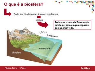 O que é a biosfera? Pode ser dividida em vários ecossistemas. Planeta Terra — 8.º ano Todas as zonas da Terra onde existe ar, solo e água capazes de suportar vida. Litosfera Hidrosfera Atmosfera engloba 