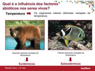 Euritérmicos Qual  é  a influência dos factores abióticos nos seres vivos? Temperatura Os organismos toleram diferentes variações de temperatura. Suportam grandes variações de temperatura Toleram pequenas variações de temperatura Estenotérmicos Planeta Terra — 8.º ano 