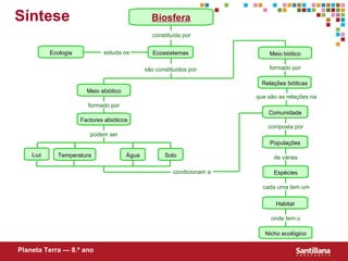 Biosfera estuda os são constituídos por formado por podem ser Síntese  Planeta Terra — 8.º ano constituída por Ecossistemas Ecologia Meio abiótico Factores abióticos Luz Temperatura Água Solo Meio biótico formado por Relaç ões  bióticas Comunidade que são as relações na composta por Populações de várias Espécies cada uma tem um Habitat onde tem o Nicho ecológico condicionam a 