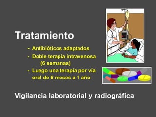 Tratamiento
- Antibióticos adaptados
- Doble terapia intravenosa
(6 semanas)
- Luego una terapia por vía
oral de 6 meses a 1 año
Vigilancia laboratorial y radiográfica
 