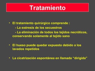 • El tratamiento quirúrgico comprende :
- La exéresis de los secuestros
- La eliminación de todos los tejidos necróticos,
conservando solamente al tejido sano
• El hueso puede quedar expuesto debido a los
lavados repetidos
• La cicatrización espontánea en llamada “dirigida”
Tratamiento
 