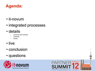 Agenda:


• it-novum
• integrated processes
• details
  –   accounts and contacts
  –   contracts
  –   tickets


• live
• conclusion
• questions
 