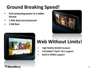 Ground Breaking Speed!
•   Full computing power in a tablet
    format
•   1 GHz dual core processor
•   1 GB Ram




                             Web Without Limits!
                              •   High fidelity WebKit browser
                              •   Full Adobe® Flash® 10.1 support
                              •   Built in HTML5 support




                                                                    47
 