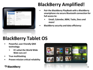 BlackBerry Amplified!
                                      •   Pair the BlackBerry PlayBook with a BlackBerry
                                          smartphone via secure Bluetooth connection for
                                          full access to:
                                          • Email, Calendar, BBM, Tasks, Docs and
                                                more!
                                      •   BlackBerry security and data efficiency




BlackBerry Tablet OS
•   Powerful, user-friendly QNX
    technology
    • It’s what the World Wide
         Web runs on!
•   True multitasking
•   Proven mission critical reliability


                                                                                    48
 