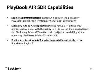 PlayBook AIR SDK Capabilities
•   Seamless communication between AIR apps on the BlackBerry
    PlayBook, allowing the creation of “Super App” experiences
•   Extending Adobe AIR applications to use native C++ extensions,
    providing developers with the ability to write part of their application in
    the BlackBerry Tablet OS's native code (subject to availability of the
    upcoming BlackBerry Tablet OS native SDK)
•   Porting existing Adobe AIR applications quickly and easily to the
    BlackBerry PlayBook




                                                                                  54
 