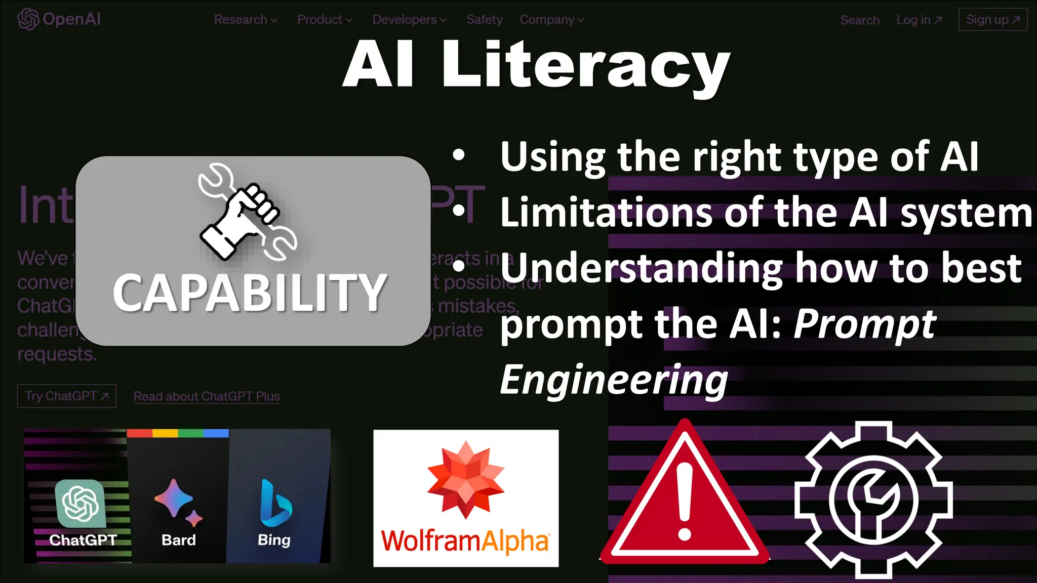 CAPABILITY
AI Literacy
• Using the right type of AI
• Limitations of the AI system
• Understanding how to best
prompt the AI: Prompt
Engineering
 