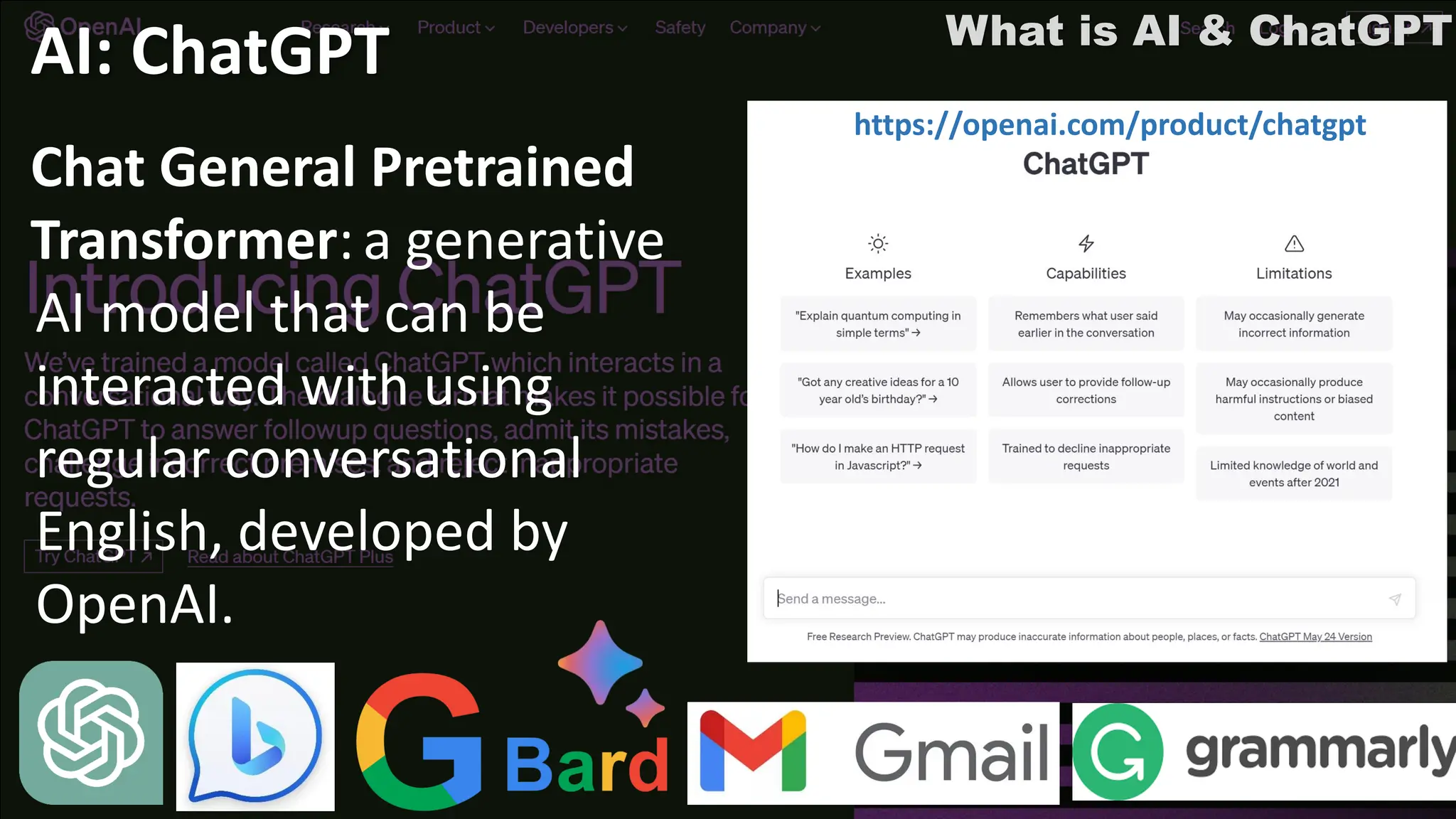 What is AI & ChatGPT
AI: ChatGPT
Chat General Pretrained
Transformer:a generative
AI model that can be
interacted with using
regular conversational
English, developed by
OpenAI.
https://openai.com/product/chatgpt
 