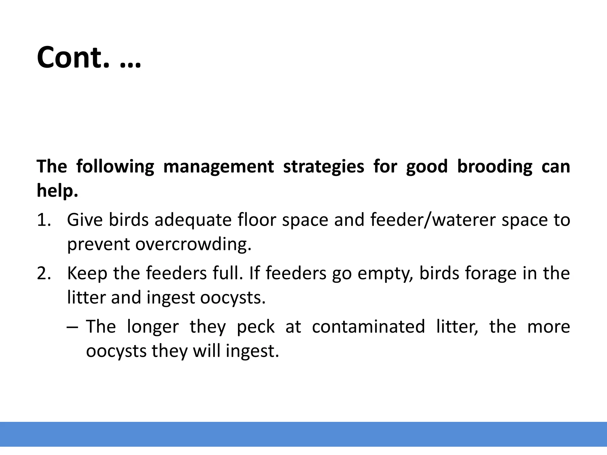 Cont. …
The following management strategies for good brooding can
help.
1. Give birds adequate floor space and feeder/waterer space to
prevent overcrowding.
2. Keep the feeders full. If feeders go empty, birds forage in the
litter and ingest oocysts.
– The longer they peck at contaminated litter, the more
oocysts they will ingest.
 