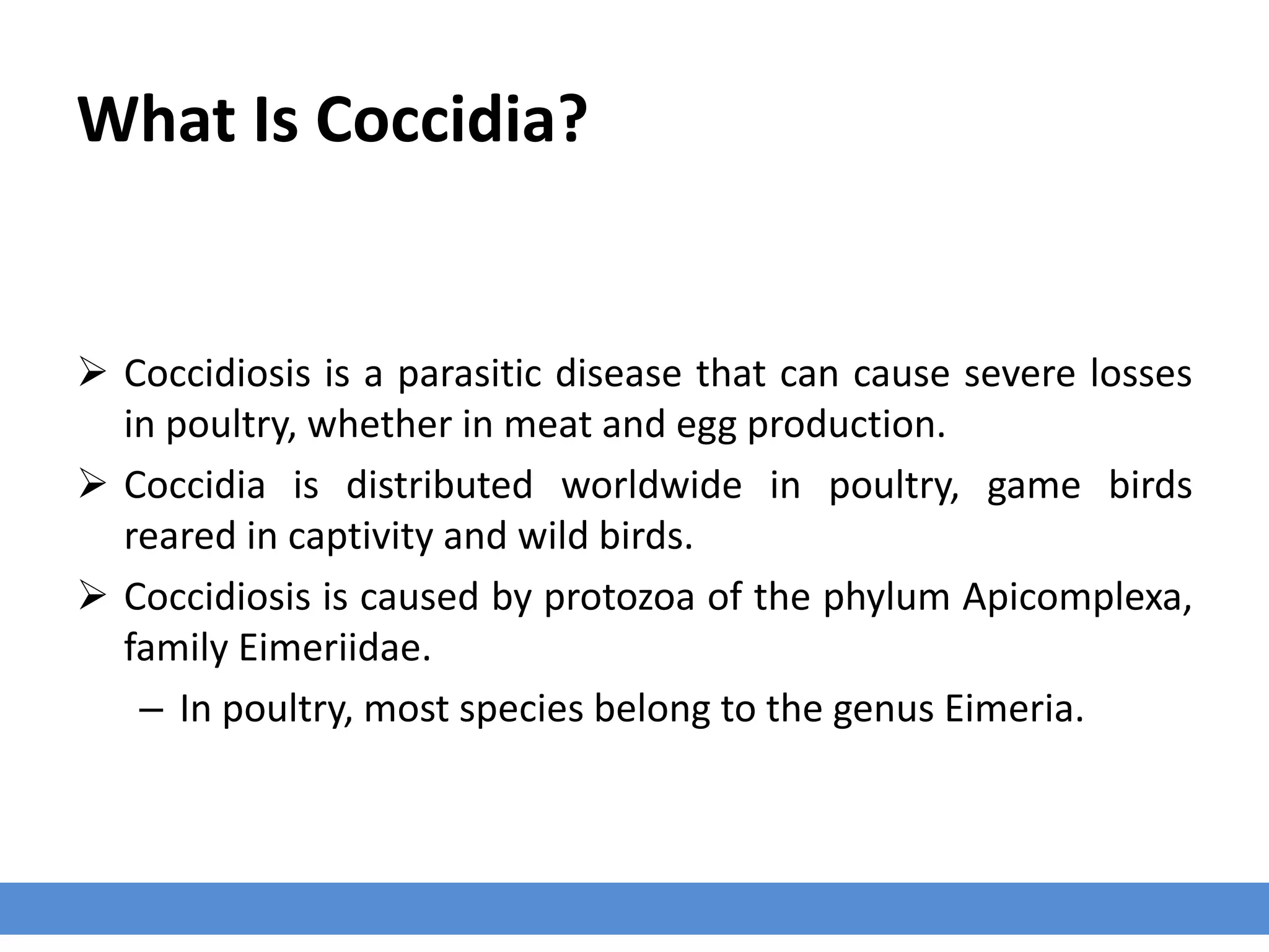 What Is Coccidia?
 Coccidiosis is a parasitic disease that can cause severe losses
in poultry, whether in meat and egg production.
 Coccidia is distributed worldwide in poultry, game birds
reared in captivity and wild birds.
 Coccidiosis is caused by protozoa of the phylum Apicomplexa,
family Eimeriidae.
– In poultry, most species belong to the genus Eimeria.
 