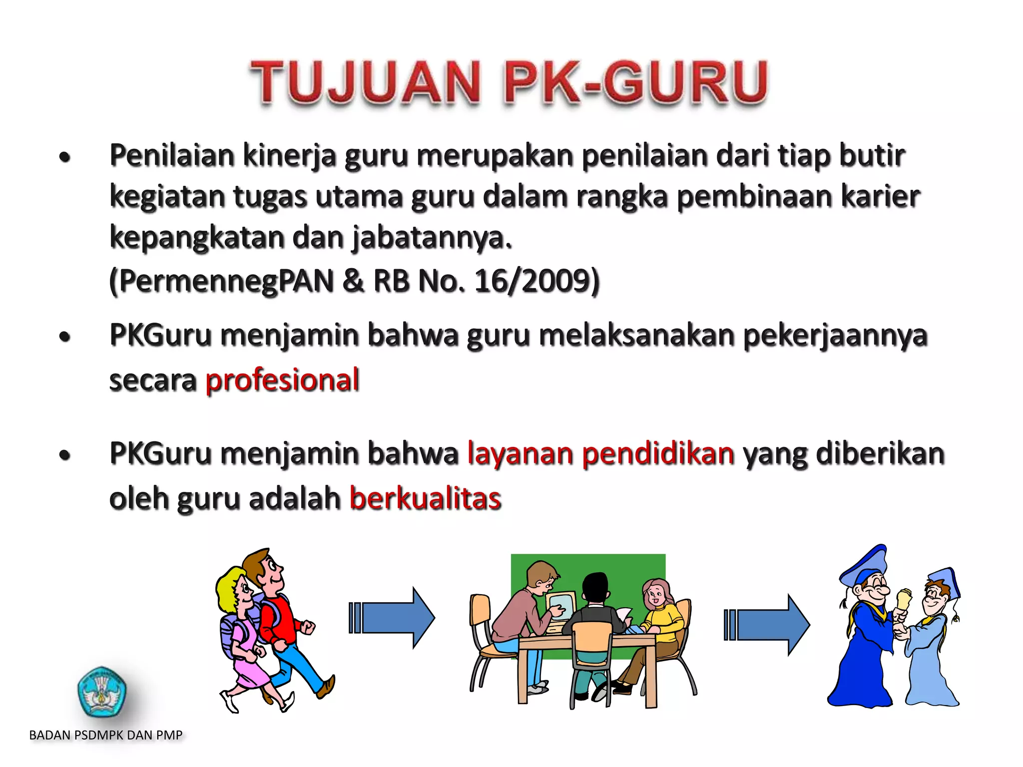  Penilaian kinerja guru merupakan penilaian dari tiap butir
kegiatan tugas utama guru dalam rangka pembinaan karier
kepangkatan dan jabatannya.
(PermennegPAN & RB No. 16/2009)
 PKGuru menjamin bahwa guru melaksanakan pekerjaannya
secara profesional
 PKGuru menjamin bahwa layanan pendidikan yang diberikan
oleh guru adalah berkualitas
BADAN PSDMPK DAN PMP
 