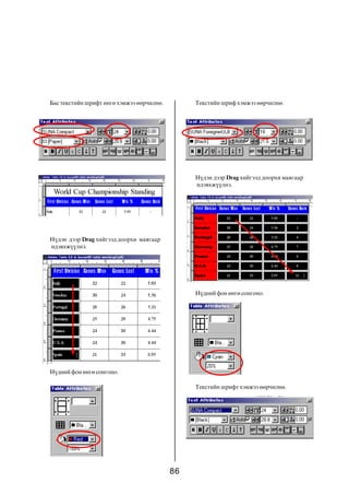 Áàñ òåêñòèéí øðèôò ºíãº õýìæýý ººð÷èëíº.        Òåêñòèéí øðèô õýìæýý ººð÷èëíº.




                                                Í¿äýí äýýð Drag õèéãýýä äîîðõè ìàÿãààð
                                                èäýâõæ¿¿ëíý.




Í¿äýí äýýð Drag õèéãýýä äîîðõè ìàÿãààð
èäýâõæ¿¿ëíý.




                                                Í¿äíèé ôîí ºíãº ñîíãîíî.




Í¿äíèé ôîí ºíãº ñîíãîíî.

                                                Òåêñòèéí øðèôò õýìæýý ººð÷èëíº.




                                           86
 