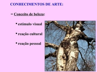 CONHECIMENTOS DE ARTE:
= Conceito de beleza:
 estímulo visual
 reação cultural
 reação pessoal
 