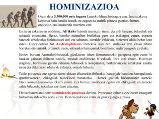HOMINIZANIOA 2   Orain dela  3.500.000 urte inguru  Lurreko klima hotzagoa zen. Izoztutako ur    kopurua hain handia izanik, ez zegoen ia euririk planeta guztian, horren      ondorioz, eta landaredia murriztu zen. Euriaren eskasiaren ondorioz,  Afrikako  basoak murriztu ziren, eta aldi berean, belardiak eta sabanak emendatu. Beraz, basoko animalien bizilekua gero eta txikiagoa zenez, espezie batzuek arboletako bizimoduari utzi eta sabanan, lurralde irekietan, bizierara ohitu behar izan zuten. Espezieotako bat  Australophitecus  izenekoa izan zen: milioika urte eman zituen horretan eta larrutik ordaindu zuen, sabanako harrapariak bera baino indartsuagoak zirelako. Urteen buruan Australopithecusak gizakiaren lehen formetaranzko garapena egin zuen: bi hanken gainean ibiltzen hasirik, tresnak erabiltzeko bi eskuak libre utzi zituen. Horrexen eraginez, burmuina garatu zitzaion.Arbasoek n konparatuz, hortzerian ere aldaketak azaldu ziren eta elikatzeko ohiturak aldatuta, orojale bihurtu. Talde-portaerak ere agertu ziren: ehizan elkarrekin ibiltzeko, haragijale handien harrapakinak aprobetxatzeko, elikagaiak taldekideei banatzeko... Horrek guztiak hizkuntzaren aurreko lehen komunikazio-erak ekarri zituen. Era berean, lanabesak egiten eta elikagaiak ehizatzeko nahiz bilatzeko teknikak ere ikasi zituzten. Eboluzioaren atal horri  hominizazio-prozesua  deritzo. Prozesuan zehar espeziearen ezaugarri fisikoetan aldaketak sortu ziren. Horien ondorioz eratu da gaur egungo gizakia HOMINIZAZIOA 
