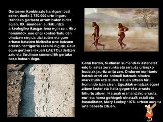 laetoly Gertaeren konbinazio harrigarri bati esker, duela 3.750.000 urte inguru izandako gertaera arrunt baten bidez, agian, XX. mendean aurkikuntza arkeologiko ikusgarriena egin zen. Hiru hominidok oso ongi kontserbatu den oinatzen segida utzi zuten eta gure arbaso batzuen bizitzako une batzuen arrasto harrigarria eskaini digute. Gaur egun gertaera-lekuari LAETOLI deitzen zaio eta Sudiman sumenditik gertuko baso batean dago. Garai hartan, Sudiman sumendiak astebetez edo bi astez zurrunka eta errauts grisezko hodeiak jaurtiz aritu zen. Ondoren euri-tanto batzuk erori eta animali batzuek oinatza markaturik utzi zuten. Hauen artean hiru hominido izan ziren. Eguzkiak oinatzak egosi zituen laster eta haitz gogorreko arrasto bihurtu zituen. Haizeak eramandako errauts, euri eta harea gehiagok oinatzak estali eta kasualitatez, Mary Leakey 1976. urtean aurkitu arte babestu zituen. 