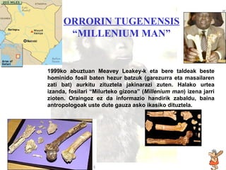 Millenium man ORRORIN TUGENENSIS   “MILLENIUM MAN” 1999ko abuztuan Meavey Leakey-k eta bere taldeak beste hominido fosil baten hezur batzuk (garezurra eta masailaren zati bat) aurkitu zituztela jakinarazi zuten. Halako urtea izanda, fosilari “Milurteko gizona” ( Millenium man ) izena jarri zioten. Oraingoz ez da informazio handirik zabaldu, baina antropologoak uste dute gauza asko ikasiko dituztela. 