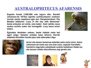 Espezie honek 3.500.000 urte inguru ditu. Donald Johanson-ek 1974an eginiko aurkikuntzaren ondoren mundu osoan ospetsua egin zen. Kanpamenduan  The Beatles  taldearen ‘ Lucy in the sky with diamonds’  kanta entzuten ari zirela, eme baten  fosil nahiko osoa osatua aurkitu zuten eta horregatik:  Lucy  izena eman zioten. Egindako ikerketen ostean, beste habitat mota bat ageri zaigu: ibaiaren ondoko baso lehorra. Horrek aldaketa klimatiko handia jazo zela adierazten digu. Arren eta emeen tamainaz zalantza asko sortu ziren ,  baina Johanson-ek zorte oso ona izan zuen, espezie horretako hamahiru laguneko eskeletoak aurkitu baitzituen  Hadar-en , eta sexuen arteko dimorfismoa argi geratu zen AUSTRALOPHITECUS AFARENSIS 