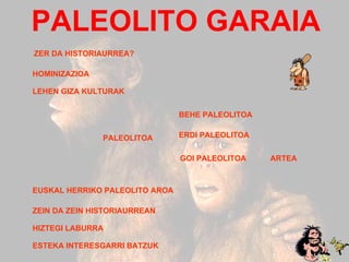 AURKIBIDEA PALEOLITO GARAIA ZER DA HISTORIAURREA?   HOMINIZAZIOA LEHEN GIZA KULTURAK ERDI PALEOLITOA GOI PALEOLITOA ARTEA PALEOLITOA ZEIN DA ZEIN HISTORIAURREAN EUSKAL HERRIKO PALEOLITO AROA ESTEKA INTERESGARRI BATZUK BEHE PALEOLITOA HIZTEGI LABURRA  