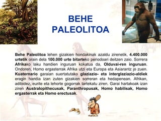Behe paleolitoa Behe Paleolitoa  lehen gizakien hondakinak azaldu zirenetik,  4.400.000 urtetik  orain dela  100.000 urte bitarte ko periodoari deitzen zaio. Sorrera  Afrika ko laku handien inguruan kokatua da,  Olduvai-ren inguruan . Ondoren, Homo ergasterrak Afrika utzi eta Europa eta Asiarantz jo zuen.  Kuaternario  garaian suertatutako  glaziazio- eta interglaziazio-aldiek  eragin handia izan zuten gizakien sorreran eta hedapenean. Afrikan, adibidez, eurite eta lehorte gogorrak tartekatu ziren. Garai hartakoak izan ziren  Australopithecusak, Paranthropusak, Homo habilisak, Homo ergasterrak eta Homo erectusak . BEHE PALEOLITOA 