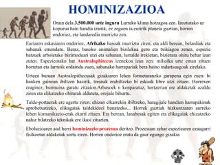 HOMINIZANIOA 1   Orain dela  3.500.000 urte inguru  Lurreko klima hotzagoa zen. Izoztutako ur    kopurua hain handia izanik, ez zegoen ia euririk planeta guztian, horren      ondorioz, eta landaredia murriztu zen. Euriaren eskasiaren ondorioz,  Afrikako  basoak murriztu ziren, eta aldi berean, belardiak eta sabanak emendatu. Beraz, basoko animalien bizilekua gero eta txikiagoa zenez, espezie batzuek arboletako bizimoduari utzi eta sabanan, lurralde irekietan, bizierara ohitu behar izan zuten. Espezieotako bat  Australophitecus  izenekoa izan zen: milioika urte eman zituen horretan eta larrutik ordaindu zuen, sabanako harrapariak bera baino indartsuagoak zirelako. Urteen buruan Australopithecusak gizakiaren lehen formetaranzko garapena egin zuen: bi hanken gainean ibiltzen hasirik, tresnak erabiltzeko bi eskuak libre utzi zituen. Horrexen eraginez, burmuina garatu zitzaion.Arbasoek n konparatuz, hortzerian ere aldaketak azaldu ziren eta elikatzeko ohiturak aldatuta, orojale bihurtu. Talde-portaerak ere agertu ziren: ehizan elkarrekin ibiltzeko, haragijale handien harrapakinak aprobetxatzeko, elikagaiak taldekideei banatzeko... Horrek guztiak hizkuntzaren aurreko lehen komunikazio-erak ekarri zituen. Era berean, lanabesak egiten eta elikagaiak ehizatzeko nahiz bilatzeko teknikak ere ikasi zituzten. Eboluzioaren atal horri  hominizazio-prozesua  deritzo. Prozesuan zehar espeziearen ezaugarri fisikoetan aldaketak sortu ziren. Horien ondorioz eratu da gaur egungo gizakia HOMINIZAZIOA 