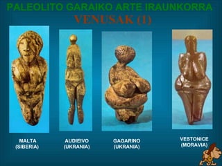 PALEOLITO GARAIKO ARTE IRAUNKORRA    VENUSAK (1) MALTA (SIBERIA)  GAGARINO (UKRANIA) VESTONICE (MORAVIA) AUDIEIVO (UKRANIA) 