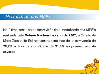 Mortalidade das MPE’s Na última pesquisa de sobrevivência e mortalidade das MPE’s realizada pelo  Sebrae Nacional no ano de 2007 , o Estado de Mato Grosso do Sul apresentou uma taxa de sobrevivência de  78,7%  e taxa de mortalidade de  21,3%  no primeiro ano de atividade. 