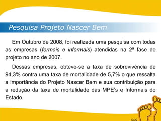Pesquisa Projeto Nascer Bem Em Outubro de 2008, foi realizada uma pesquisa com todas as empresas ( formais e informais ) atendidas na 2ª fase do projeto no ano de 2007.  Dessas empresas, obteve-se a taxa de sobrevivência de 94,3% contra uma taxa de mortalidade de 5,7% o que ressalta a importância do Projeto Nascer Bem e sua contribuição para a redução da taxa de mortalidade das MPE’s e Informais do Estado. 
