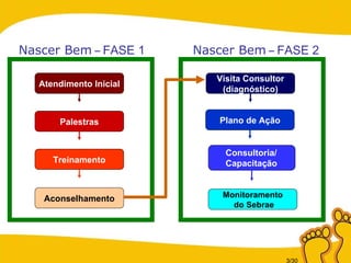Aconselhamento Monitoramento do Sebrae Nascer Bem  –  FASE 1 Nascer Bem  –  FASE 2 Consultoria/ Capacitação Atendimento Inicial Palestras Treinamento Visita Consultor (diagnóstico) Plano de Ação 
