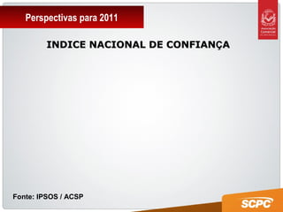 Perspectivas para 2011
INDICE NACIONAL DE CONFIANINDICE NACIONAL DE CONFIANÇÇAA
Fonte: IPSOS / ACSP
 