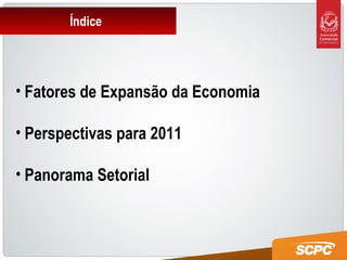 Índice
• Fatores de Expansão da Economia
• Perspectivas para 2011
• Panorama Setorial
 