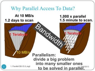Why Parallel Access To Data?
          At 10 MB/s                              1,000 x parallel
    1.2 days to scan                              1.5 minute to scan.


      1 Terabyte                                     1 Terabyte




              10 MB/s
                                   Parallelism:
                                   divide a big problem
       1. Parallel DB /D.S.Jagli
                                    into many smaller ones
5                                                          2/12/2013
                                     to be solved in parallel.
 