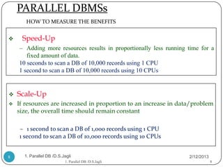 PARALLEL DBMSs
       HOW TO MEASURE THE BENEFITS


    Speed-Up
    – Adding more resources results in proportionally less running time for a
       fixed amount of data.
    10 seconds to scan a DB of 10,000 records using 1 CPU
    1 second to scan a DB of 10,000 records using 10 CPUs


   Scale-Up
   If resources are increased in proportion to an increase in data/problem
    size, the overall time should remain constant

    – 1 second to scan a DB of 1,000 records using 1 CPU
    1 second to scan a DB of 10,000 records using 10 CPUs


8     1. Parallel DB /D.S.Jagli                                    2/12/2013
                           1. Parallel DB /D.S.Jagli                           8
 