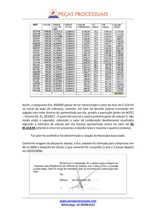www.pecasprocessuais.com
WhatsApp: 16-992961612
Assim, a exequente Dra. XXXXXX apesar de ter mencionado o valor de mais de $ 124 mil
na inicial da ação de cobrança, contudo, em face da decisão judicial transitada em
julgado com valor diverso do apresentado por ela, propôs a execução (antes do NCPC)
– Volume 05, fls. 823/827, 1ª parte (Só veio no e-mail a primeira parte do volume 5, não
tendo vindo a segunda), cobrando o valor da condenação devidamente atualizado
segundo a memória de cálculo por ela mesmo apresentada acima no valor de R$
85.618,94 (oitenta e cinco mil seiscentos e dezoito reais e noventa e quatro centavos).
Tal valor foi acolhido e foi determinada a citação do Município Executado.
Conforme imagem do despacho abaixo, a Dra. xxxxxxx foi intimada para comprovar em
00.11.0000 o depósito do oficial, o que somente foi cumprido (1 ano e 3 meses depois)
em 00/03/0000.
 