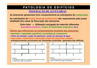 PATO LOG IA D E ED I FÍC I OS
                    FISSURAÇÃO DE ALVENARIAS
As alvenarias apresentam bom comportamento às solicitações de compressão.
As solicitações de tração, flexão e cisalhamento são responsáveis pela quase
totalidade dos casos de fissuração das alvenarias.
           Outro fator → Utilização conjugada de materiais diferentes
            (resistência mecânica, módulo de elasticidade longitudinal, etc.)
Fatores que influenciam no comportamento mecânico das alvenarias:
• geometria / rugosidade superficial / porosidade do componente
• índice de retração / poder de aderência / poder de retenção de água
• amarrações / cintamentos / disposição e tamanho das portas e janelas
• enfraquecimentos provocados por tubulações embutidas / geometria dos edifícios
 