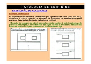 PATO LOG IA D E ED I FÍC I OS
  FISSURAÇÃO DE ALVENARIAS
Retração por secagem
• Componentes de alvenaria constituídos por ligantes hidráulicos (cura mal feita),
associada à própria retração de secagem da argamassa de assentamento pode
provocar fissuras (configuração tipicamente vertical).
• Retração de secagem de laje de concreto armado sujeitas à forte insolação pode
provocar fissuração, o encurtamento das lajes tenderá a provocar a rotação das
fiadas de blocos ou tijolos presentes na proximidade da laje.
 