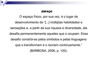 ESPAÇO
O espaço físico, por sua vez, é o lugar de
desenvolvimento de “[...] múltiplas habilidades e
sensações e, a partir da sua riqueza e diversidade, ele
desafia permanentemente aqueles que o ocupam. Esse
desafio constrói-se pelos símbolos e pelas linguagens
que o transformam e o recriam continuamente.”
(BARBOSA, 2006, p. 120).
 