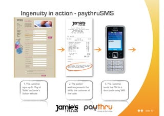Ingenuity in action - paythruSMS




  1. The customer      2. The waiter/            3. The customer
signs up to ‘Pay at   waitress presents the     sends the PIN to a
Table’ on Jamie’s     bill to the customer at   short code using SMS.
Italian website.      the table.




                                                                        slide 17
 