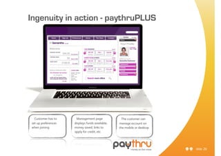 Ingenuity in action - paythruPLUS




  Customer has to     Management page             The customer can
set up preferences   displays funds available,   manage account on
when joining         money saved, links to       the mobile or desktop
                     apply for credit, etc




                                                                         slide 20
 