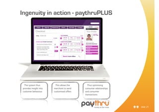 Ingenuity in action - paythruPLUS




 The system thus         This allows the      Thus optimising
provides insight into   merchant to send    consumer relationships
customer behaviour      customised offers   and consumer
                                            transactions




                                                                     slide 21
 