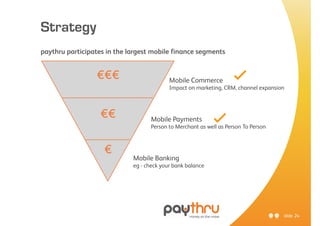 Strategy
paythru participates in the largest mobile finance segments


                 €€€                       Mobile Commerce           ✓
                                           Impact on marketing, CRM, channel expansion



                   €€               Mobile Payments         ✓
                                    Person to Merchant as well as Person To Person



                    €
                             Mobile Banking
                             eg - check your bank balance




                                                                                     slide 24
 