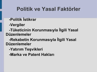 Politik ve Yasal Faktörler
 -Politik İstikrar
 -Vergiler
 -Tüketicinin Korunmasıyla İlgili Yasal
Düzenlemeler
 -Rekabetin Korunmasıyla İlgili Yasal
Düzenlemeler
 -Yatırım Teşvikleri
 -Marka ve Patent Hakları
 